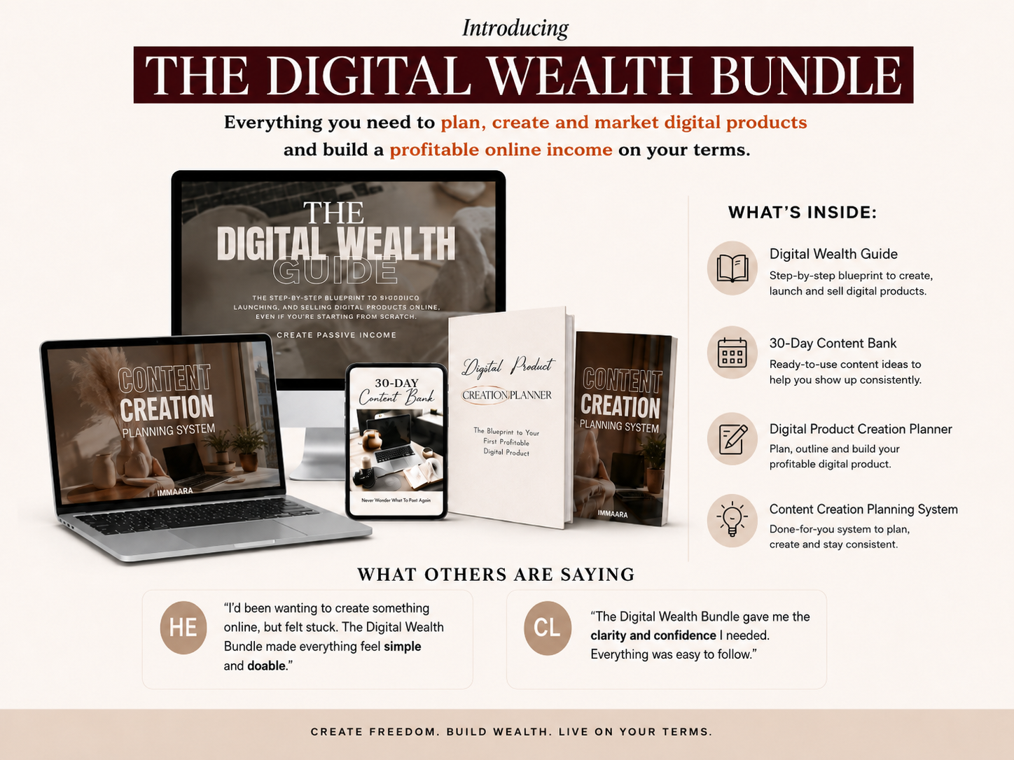 The Digital Wealth Bundle - guides, planner, and content bank displayed on devices